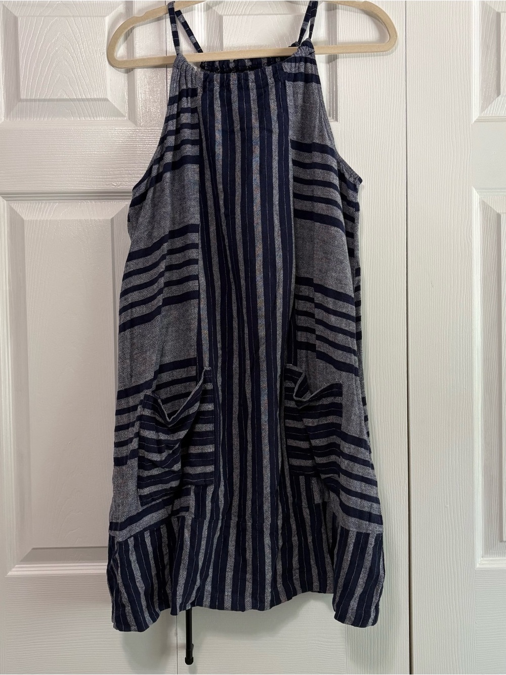 Old Navy Striped Navy Sleeveless Dress Large linen blend Beach Coastal Pockets